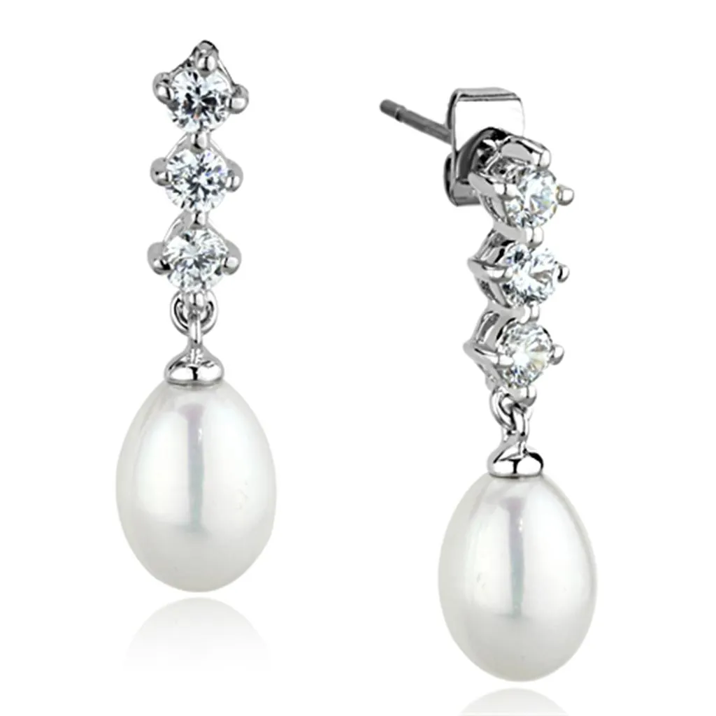3W679 - Rhodium Brass Earrings with Semi-Precious Pearl in White
