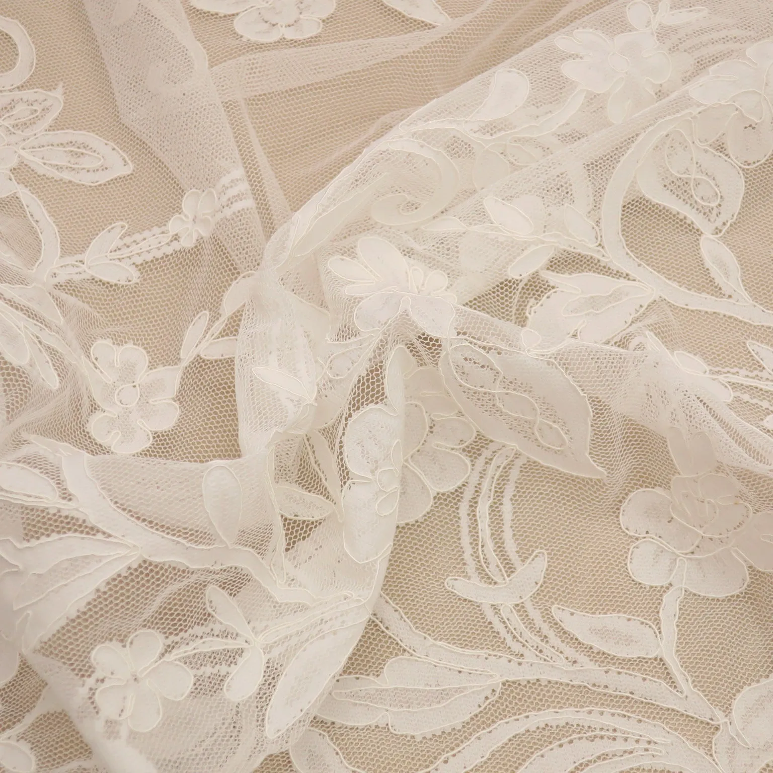 Off White Floral Coded Embroidered Double Scalloped Lace