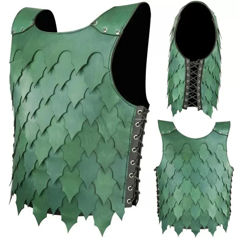 Viking Green Viking Pirate Knight Costume Steampunk Leather Green Scale Vest Chest Armor